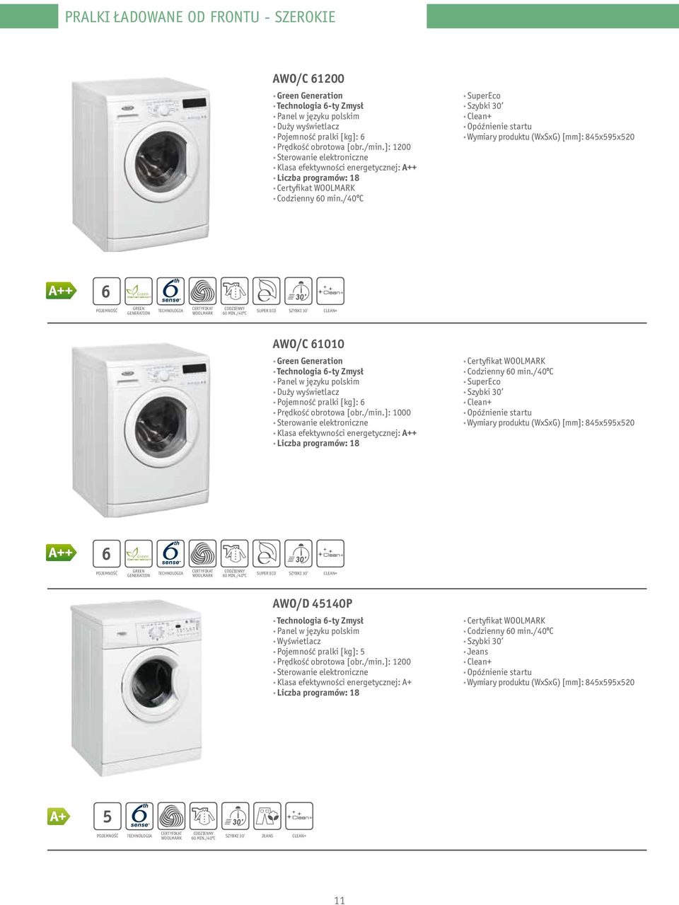 /40ºc SuperEco Szybki 30 Clean+ Opóźnienie startu Wymiary produktu (WxSxG) [mm]: 845x595x520 6 Green Generation technologia SUPER ECO SZYBKI 30 clean+ AWO/C 61010 Green Generation Technologia 6-ty