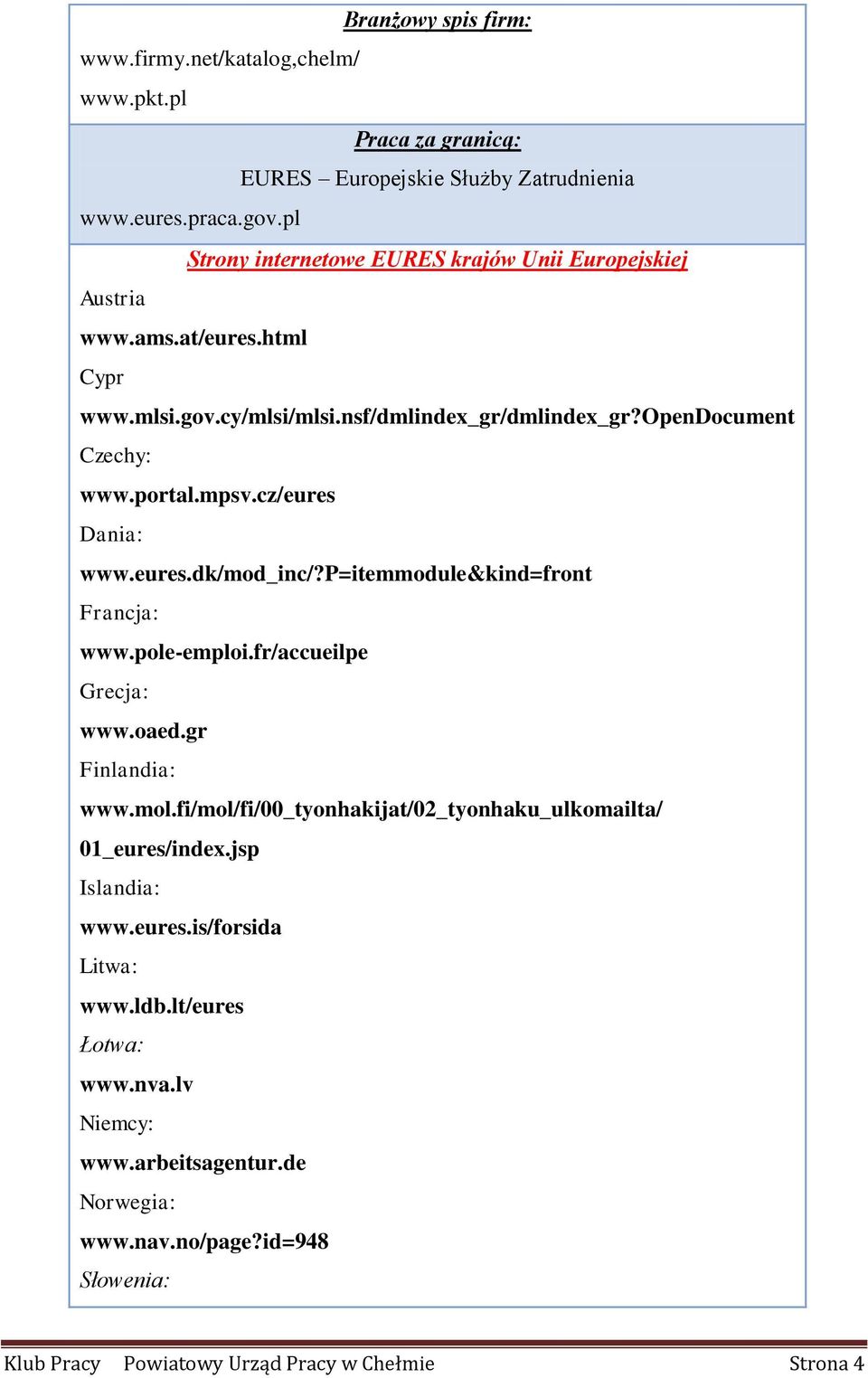 cz/eures Dania: www.eures.dk/mod_inc/?p=itemmodule&kind=front Francja: www.pole-emploi.fr/accueilpe Grecja: www.oaed.gr Finlandia: www.mol.