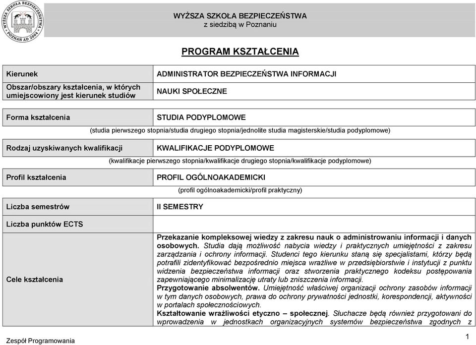 stopnia/kwalifikacje drugiego stopnia/kwalifikacje podyplomowe) Profil kształcenia Liczba semestrów Liczba punktów ECTS Cele kształcenia PROFIL OGÓLNOAKADEMICKI (profil ogólnoakademicki/profil