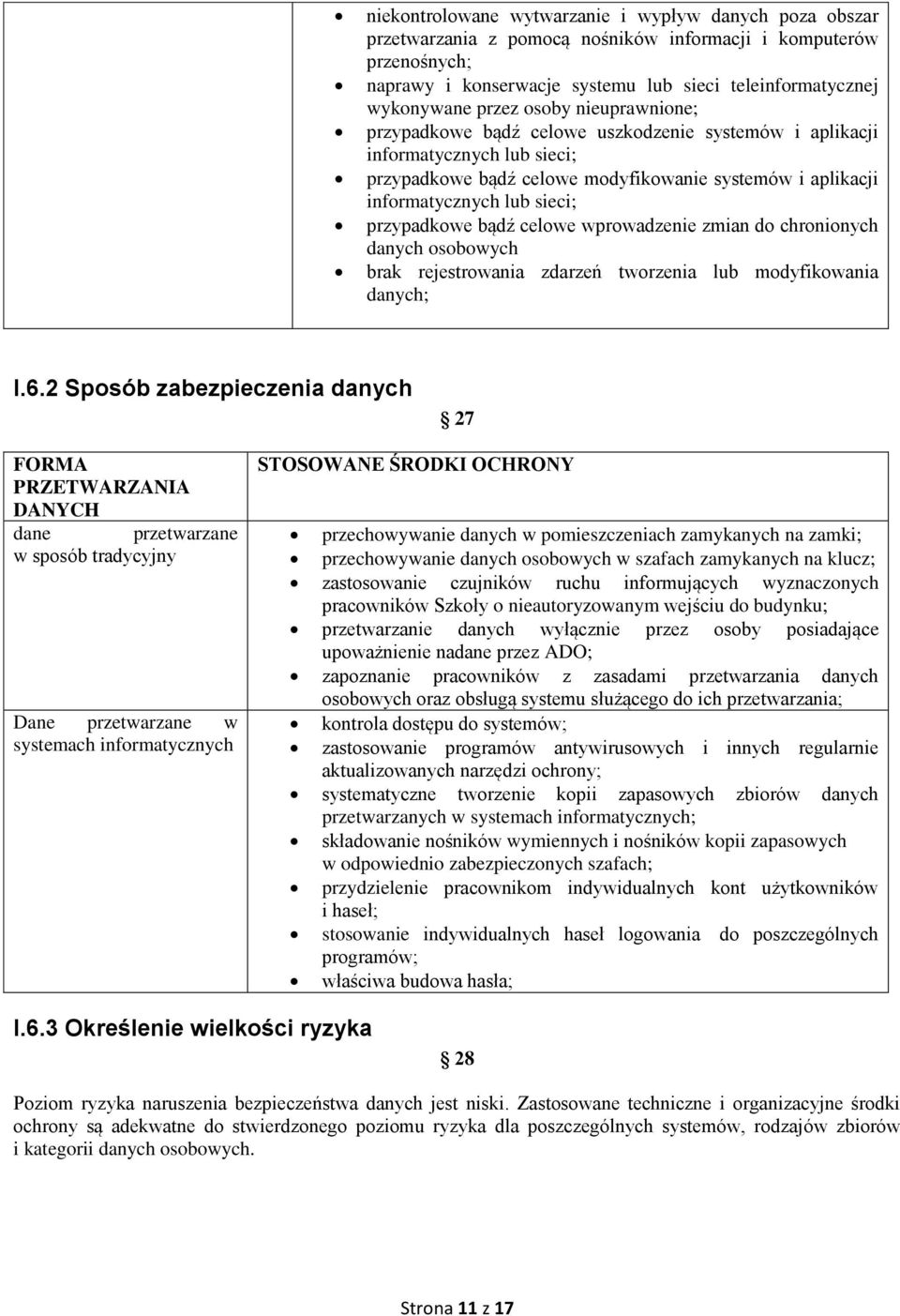 przypadkowe bądź celowe wprowadzenie zmian do chronionych danych osobowych brak rejestrowania zdarzeń tworzenia lub modyfikowania danych; I.6.