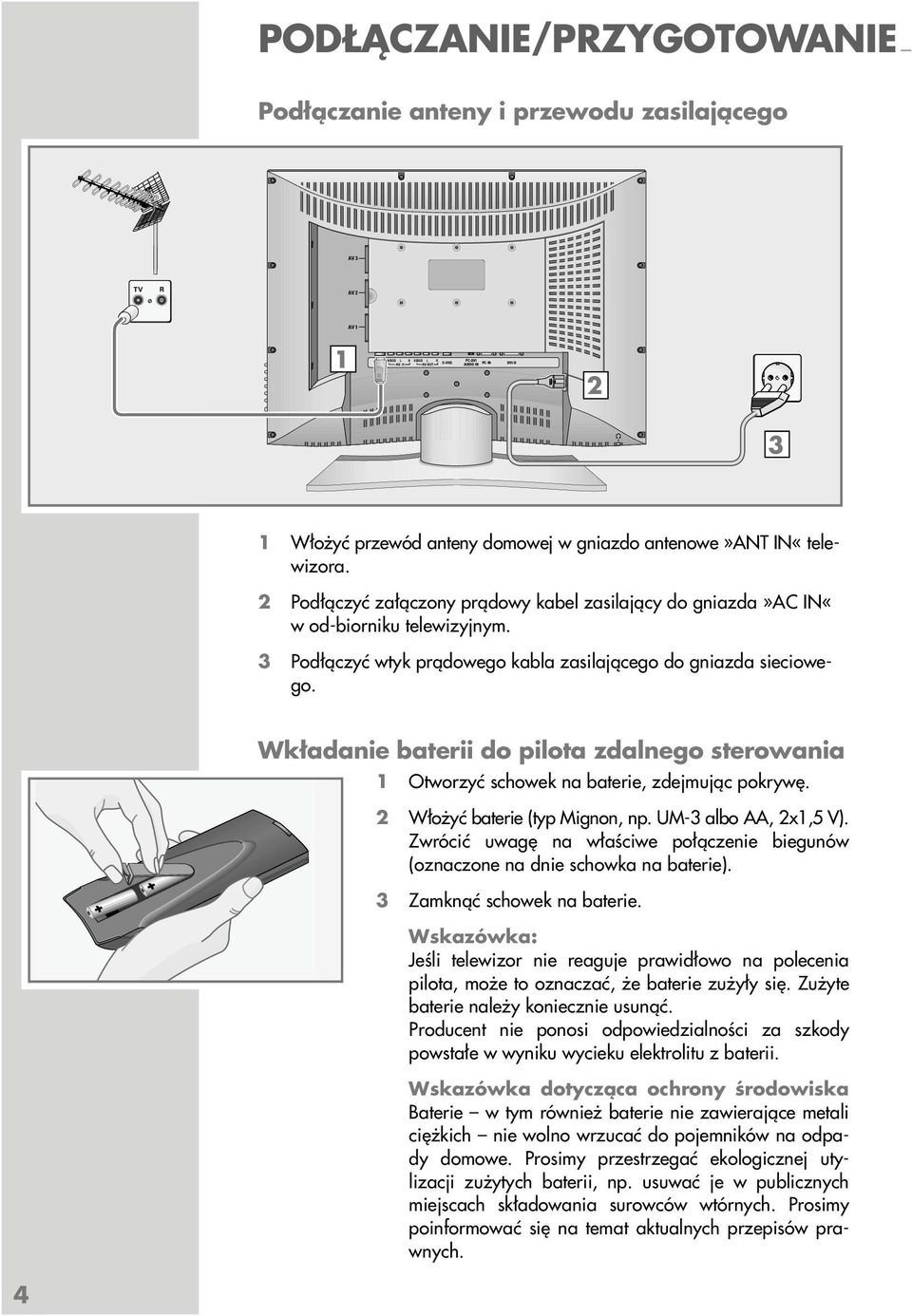 3 Podłączyć wtyk prądowego kabla zasilającego do gniazda sieciowego. Wkładanie baterii do pilota zdalnego sterowania 1 Otworzyć schowek na baterie, zdejmując pokrywę. 2 Włożyć baterie (typ Mignon, np.