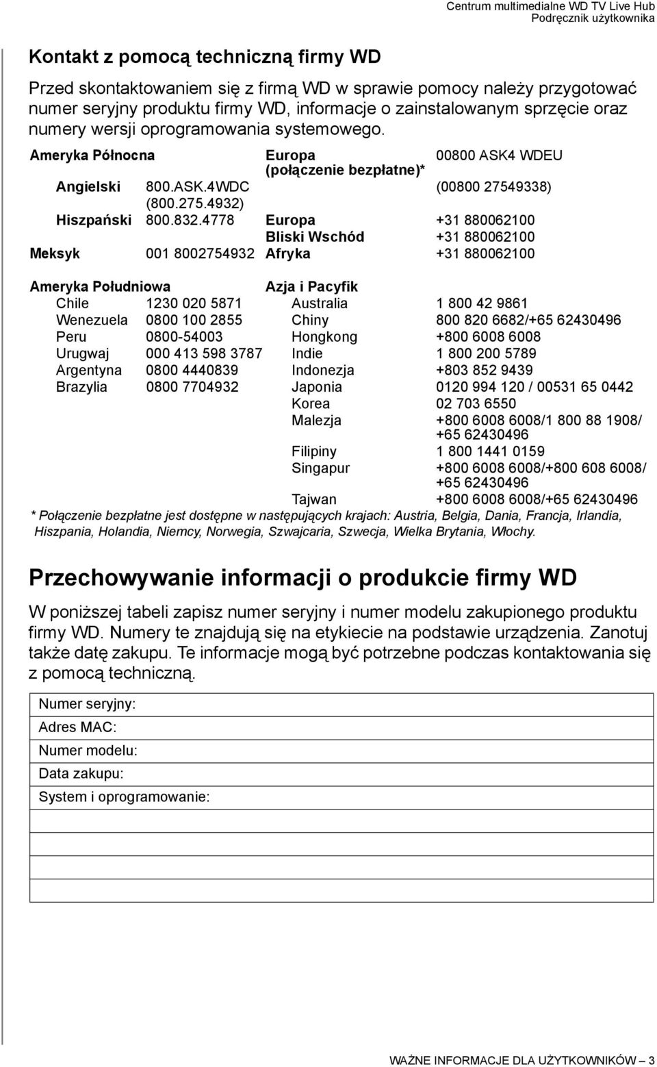 832.4778 Europa +31 880062100 Bliski Wschód +31 880062100 Meksyk 001 8002754932 Afryka +31 880062100 Ameryka Południowa Azja i Pacyfik Chile 1230 020 5871 Australia 1 800 42 9861 Wenezuela 0800 100