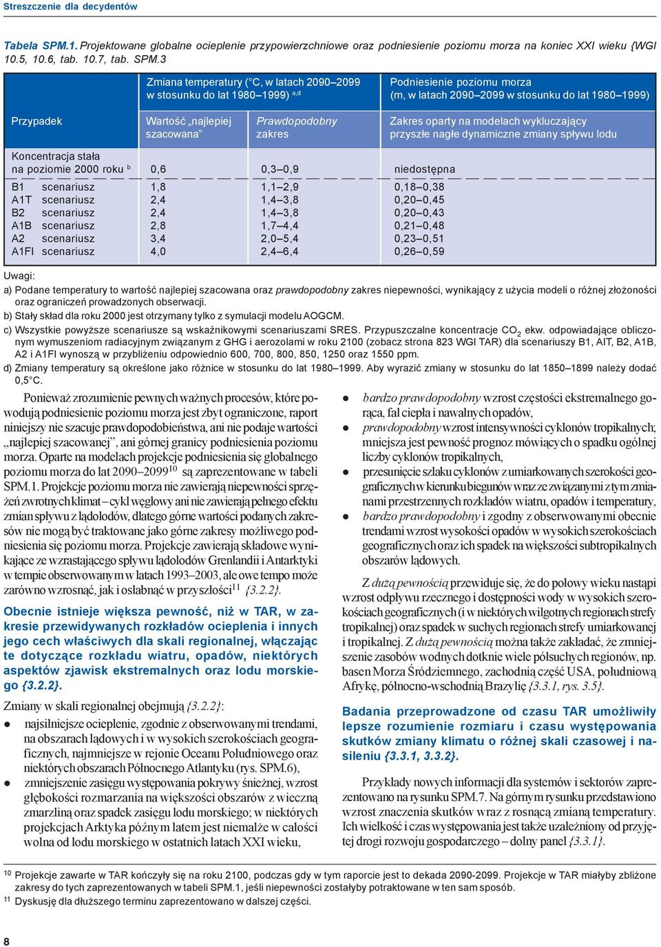 3 Zmiana temperatury ( C, w latach 2090 2099 w stosunku do lat 1980 1999) a,d Podniesienie poziomu morza (m, w latach 2090 2099 w stosunku do lat 1980 1999) Przypadek Wartoœæ najlepiej szacowana