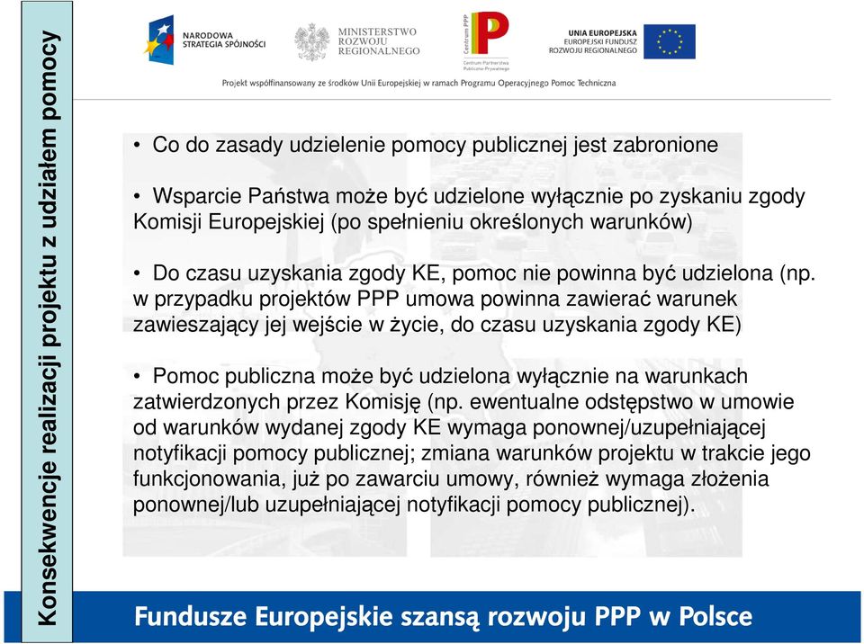 w przypadku projektów PPP umowa powinna zawierać warunek zawieszający jej wejście w Ŝycie, do czasu uzyskania zgody KE) Pomoc publiczna moŝe być udzielona wyłącznie na warunkach zatwierdzonych przez