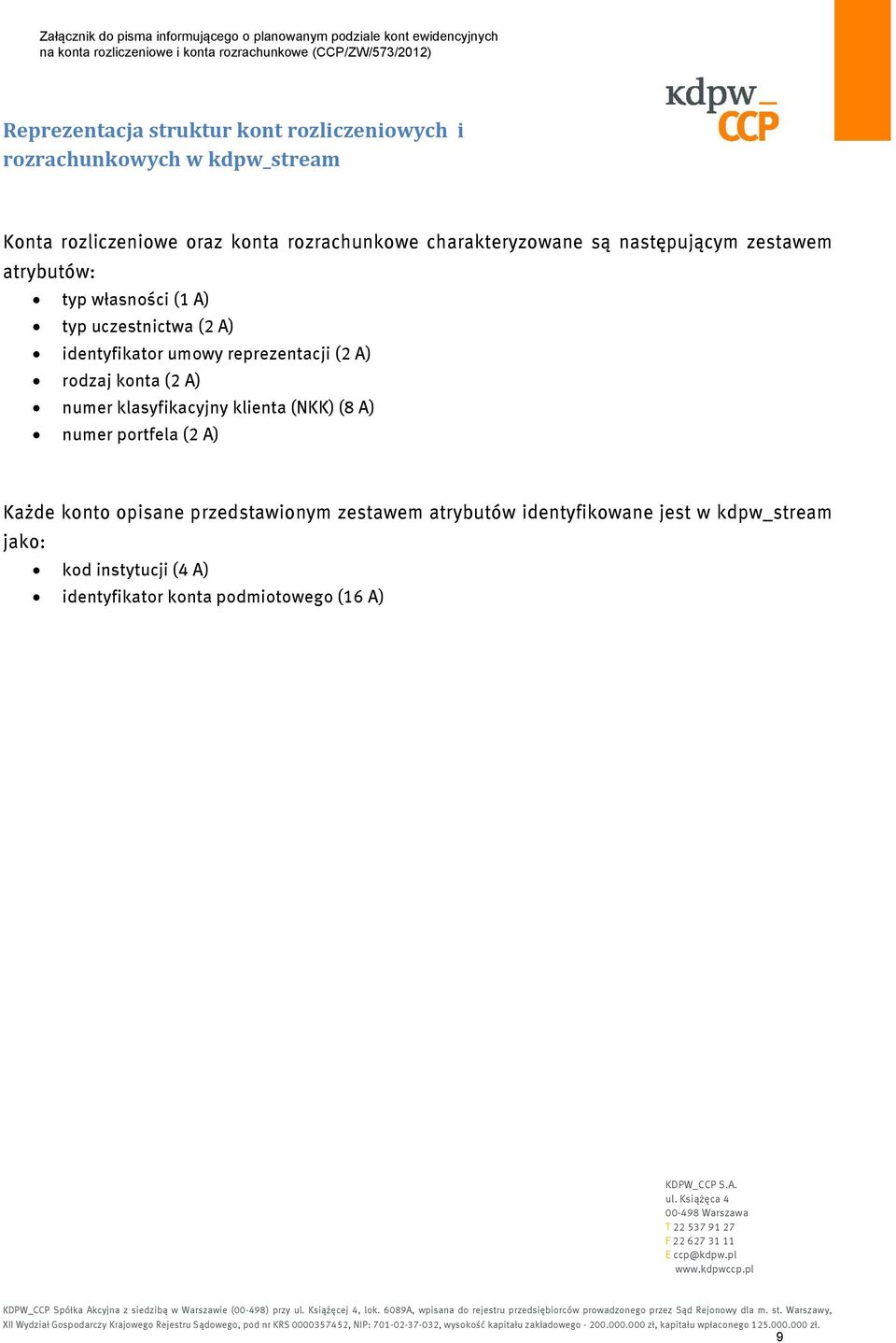 identyfikowane jest w kdpw_stream jako: kod instytucji (4 A) identyfikator konta podmiotowego (16 A) KDPW_CCP S.A. ul. Książęca 4 00-498 Warszawa T 22 537 91 27 F 22 627 31 11 E ccp@kdpw.pl www.