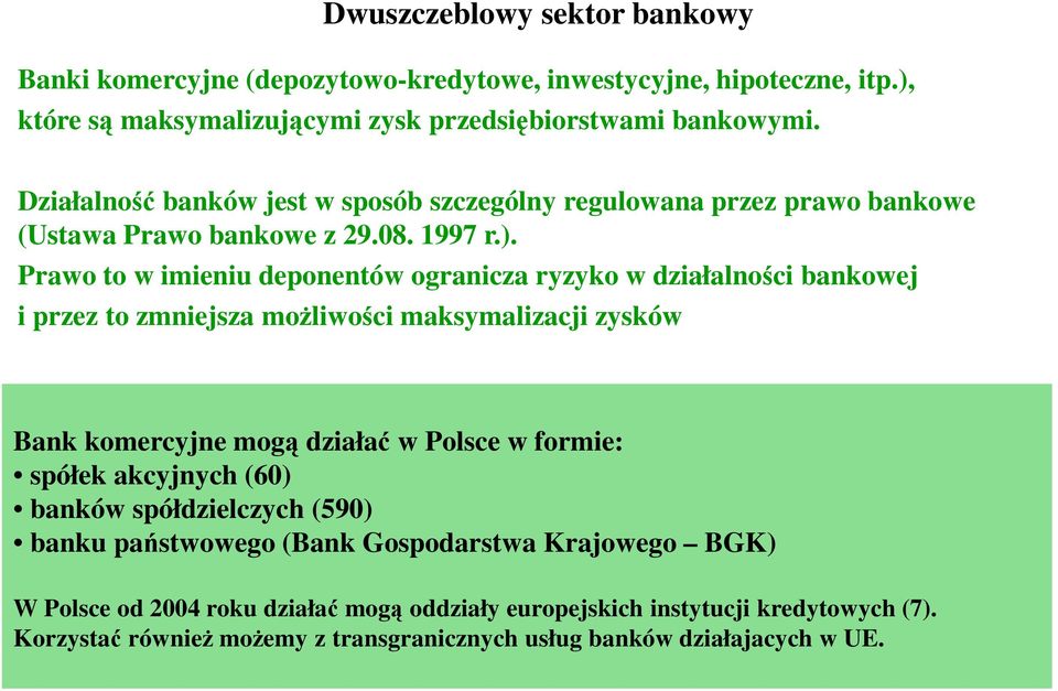 Prawo to w imieniu deponentów ogranicza ryzyko w działalności bankowej i przez to zmniejsza możliwości maksymalizacji zysków Bank komercyjne mogą działać w Polsce w formie: