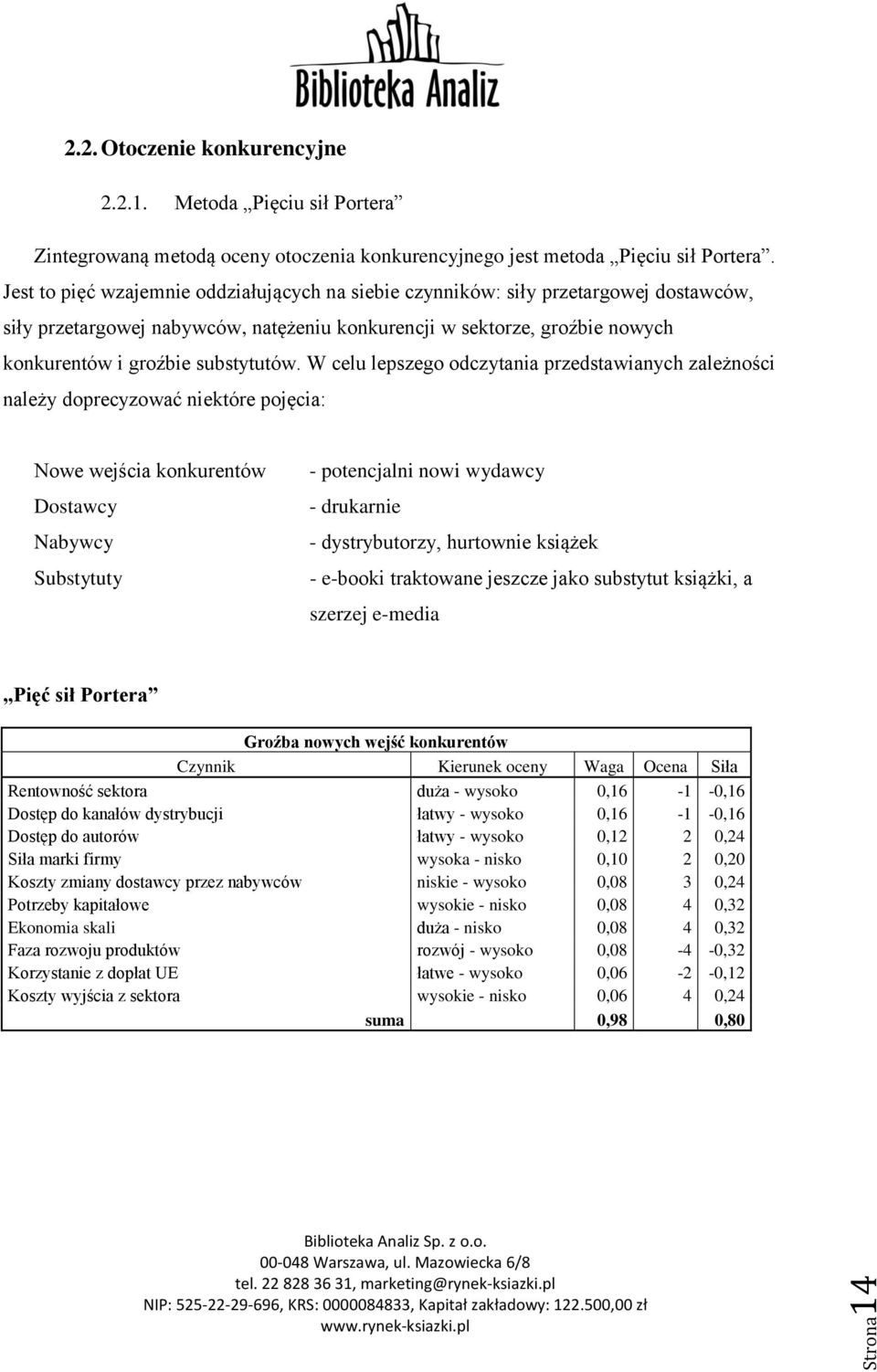 W celu lepszego odczytania przedstawianych zależności należy doprecyzować niektóre pojęcia: Nowe wejścia konkurentów Dostawcy Nabywcy Substytuty - potencjalni nowi wydawcy - drukarnie -