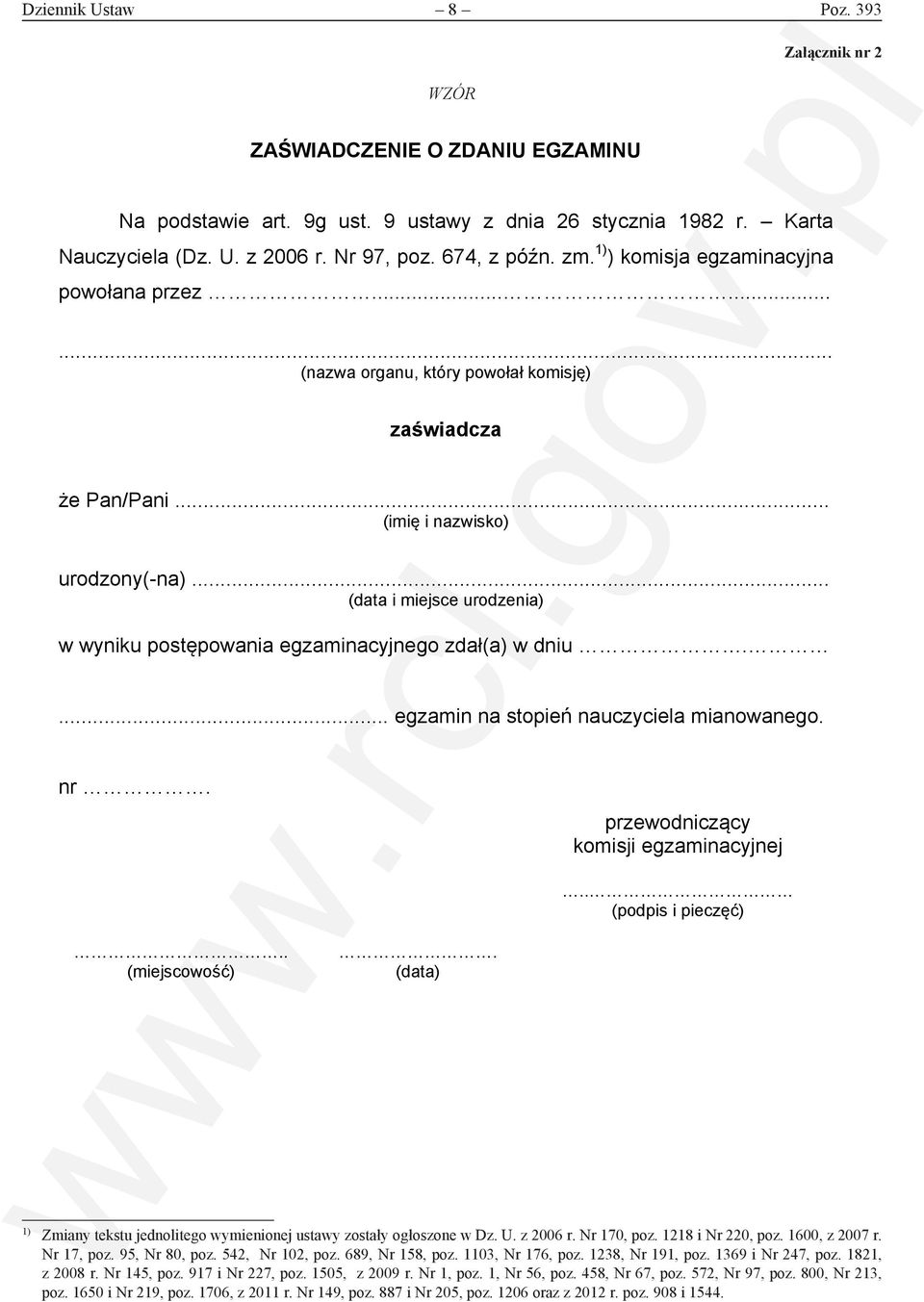 .. (data i miejsce urodzenia) w wyniku postępowania egzaminacyjnego zdał(a) w dniu.... egzamin na stopień nauczyciela mianowanego. nr.