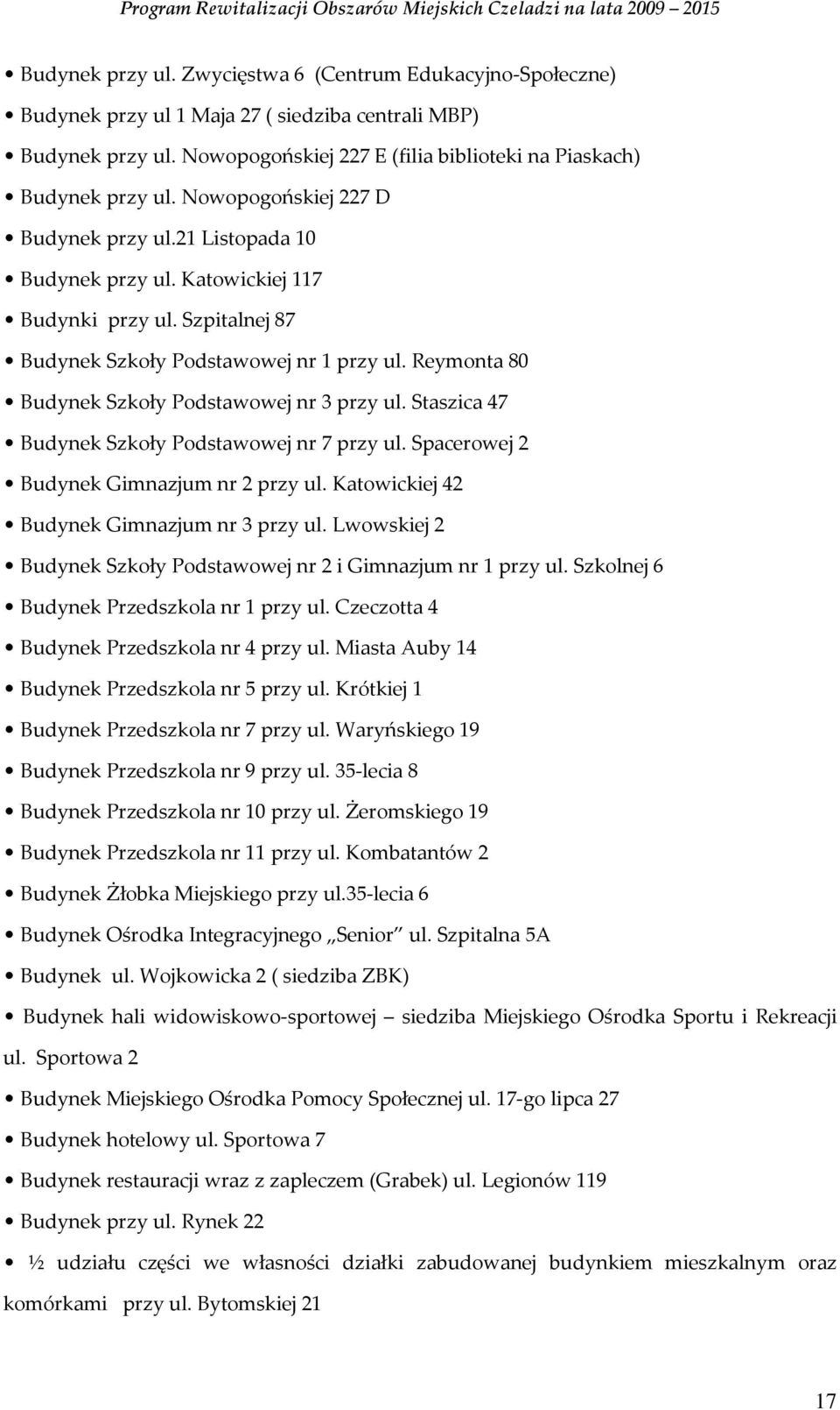 Reymonta 80 Budynek Szkoły Podstawowej nr 3 przy ul. Staszica 47 Budynek Szkoły Podstawowej nr 7 przy ul. Spacerowej 2 Budynek Gimnazjum nr 2 przy ul. Katowickiej 42 Budynek Gimnazjum nr 3 przy ul.