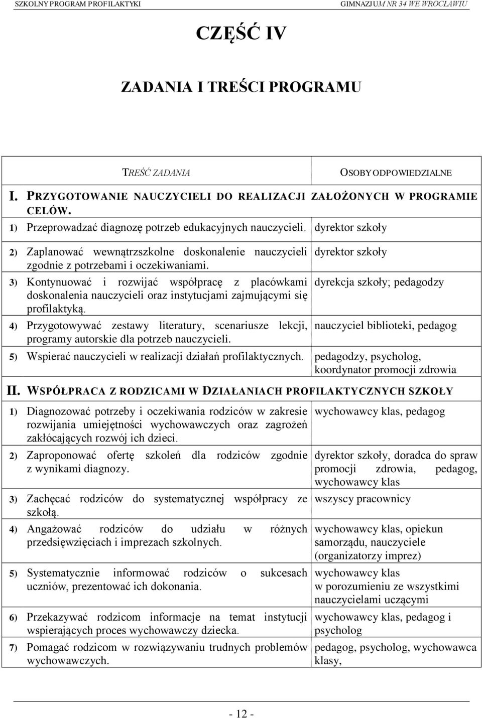 3) Kontynuować i rozwijać współpracę z placówkami doskonalenia nauczycieli oraz instytucjami zajmującymi się profilaktyką.