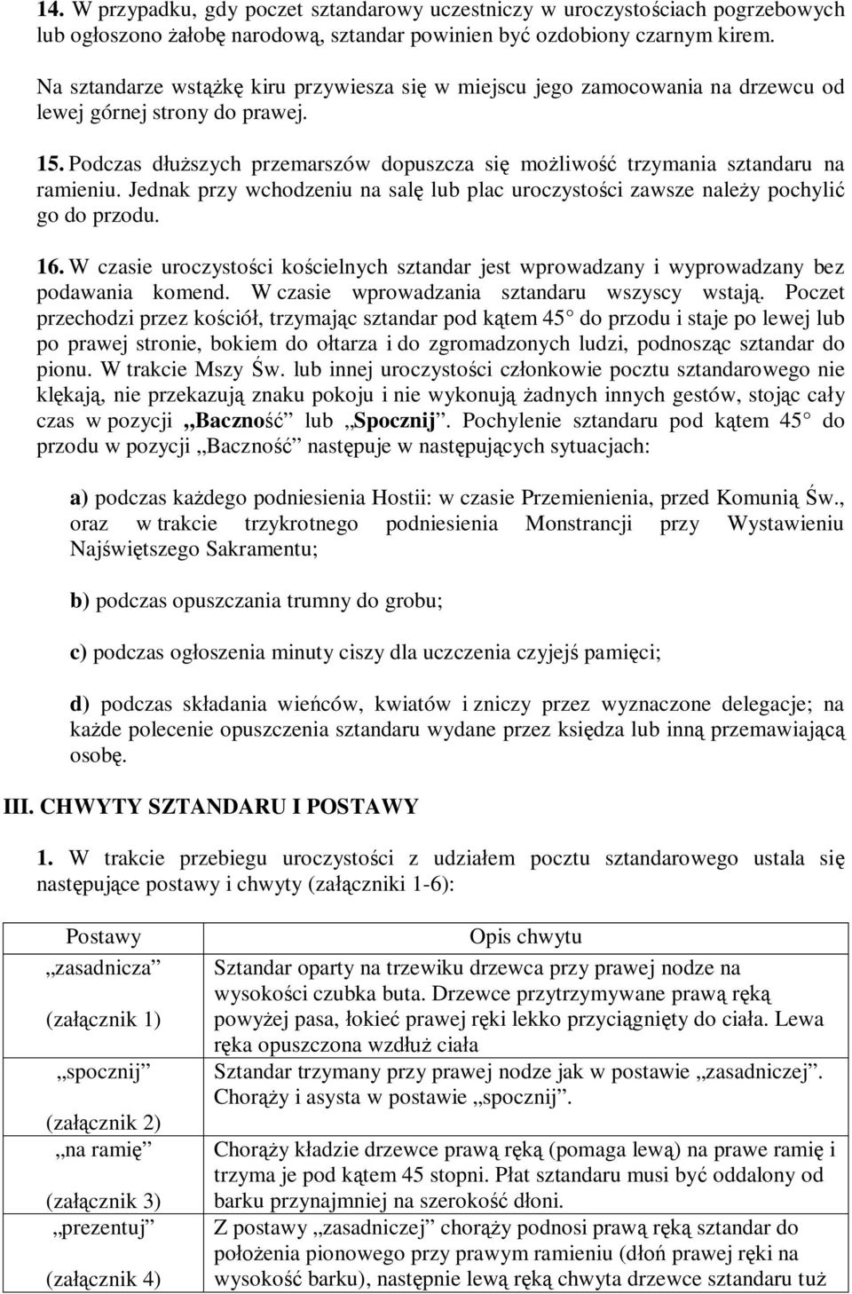 Podczas dłuższych przemarszów dopuszcza się możliwość trzymania sztandaru na ramieniu. Jednak przy wchodzeniu na salę lub plac uroczystości zawsze należy pochylić go do przodu. 16.