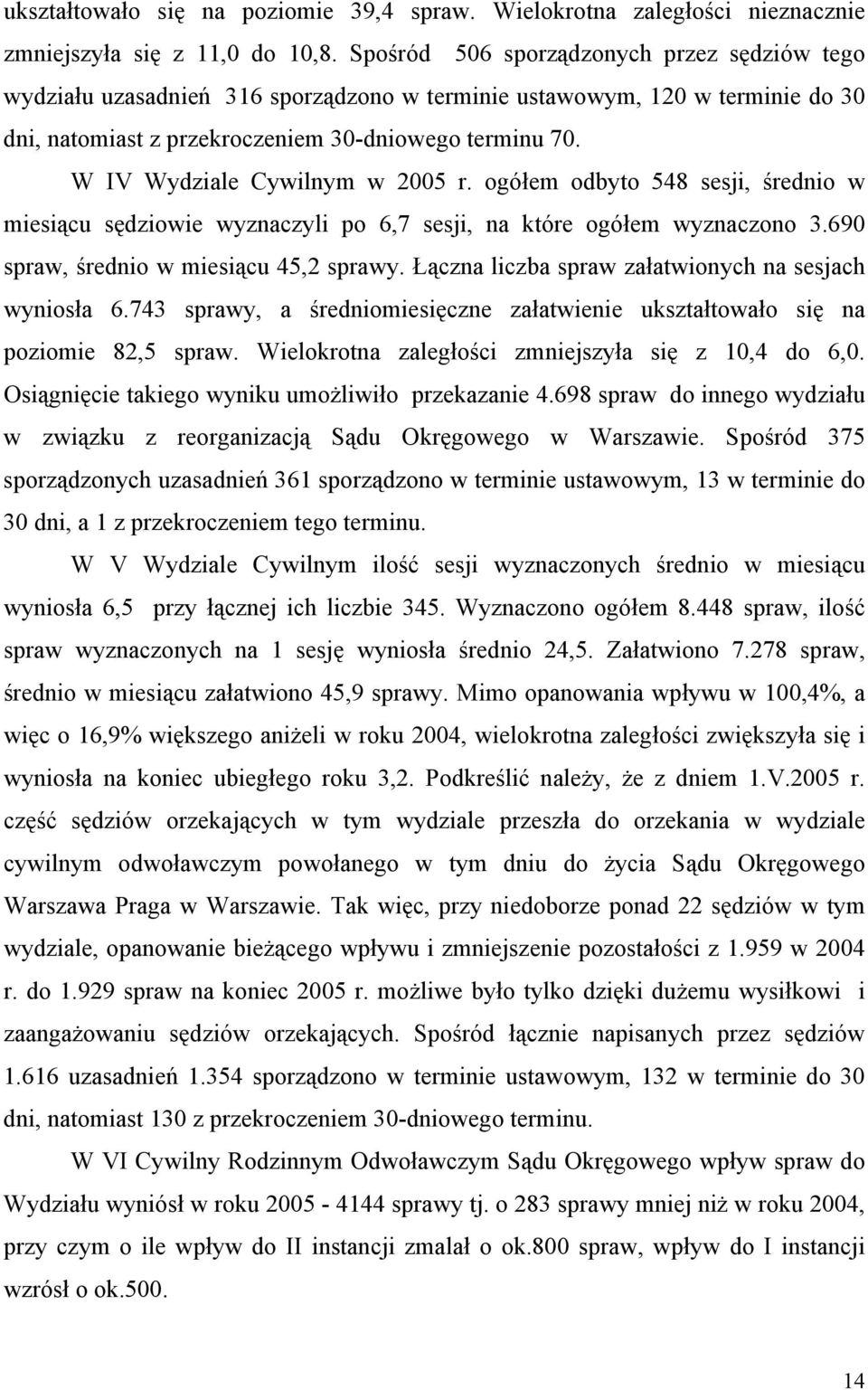 W IV Wydziale Cywilnym w 2005 r. ogółem odbyto 548 sesji, średnio w miesiącu sędziowie wyznaczyli po 6,7 sesji, na które ogółem wyznaczono 3.690 spraw, średnio w miesiącu 45,2 sprawy.