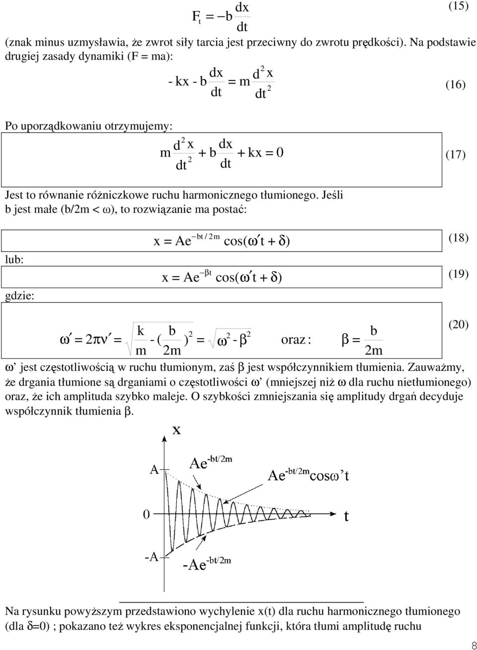 Jeśli b jest ałe (b/ < ω), to rozwiązanie a ostać: lub: gdzie: x = Ae bt / cos( ω t + δ) (8) βt x = Ae cos( ω t + δ) (9) ω = πν = b - ( ) = ω -β oraz : ω jest częstotliwością w ruchu tłuiony, zaś β