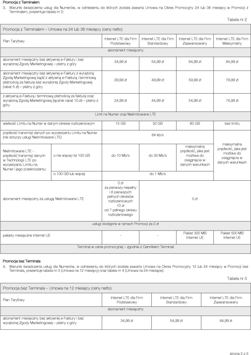 Umowa na 24 lub 36 miesięcy (ceny netto) Tabela nr 2 abonament miesięczny wyrażonej Zgody Marketingowej płatny z (rabat 5 zł) płatny z wyrażoną Zgodą Marketingową (łącznie rabat 1) płatny z 34,99 zł