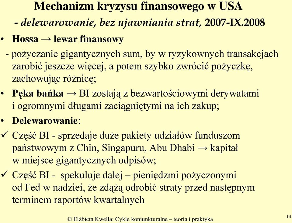 różnicę; Pęka bańka BI zostają z bezwartościowymi derywatami i ogromnymi długami zaciągniętymi na ich zakup; Delewarowanie: Część BI - sprzedaje duże pakiety