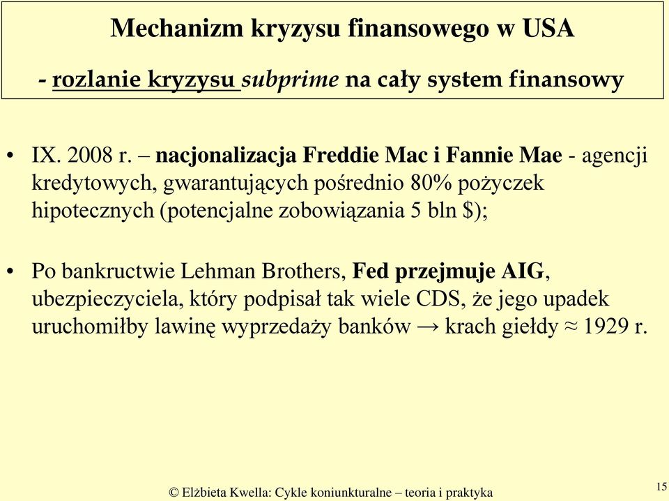 hipotecznych (potencjalne zobowiązania 5 bln $); Po bankructwie Lehman Brothers, Fed przejmuje AIG,