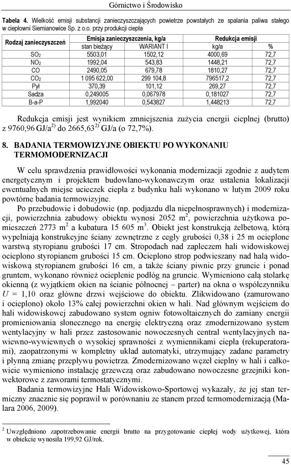 owisko Tabela 4. Wielkość emisji substancji zanieczyszczających powietrze powstałych ze spalania paliwa stałego w ciepłowni Siemianowice Sp. z o.o. przy produkcji ciepła Rodzaj zanieczyszczeń Emisja