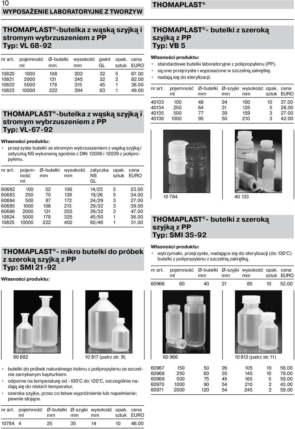 00 -butelka z wąską szyjką i stromym wybrzuszeniem z PP Typ: VL-67-92 - butelki z szeroką szyjką z PP Typ: VB 5 standardowe butelki laboratoryjne z polipropylenu (PP).