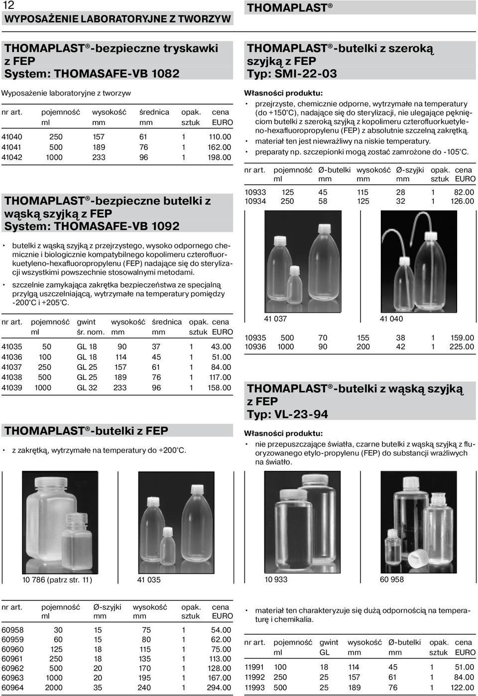 00 -bezpieczne butelki z wąską szyjką z FEP System: THOMASAFE-VB 1092 -butelki z szeroką szyjką z FEP Typ: SMI-22-03 przejrzyste, chemicznie odporne, wytrzymałe na temperatury (do +150 C), nadające