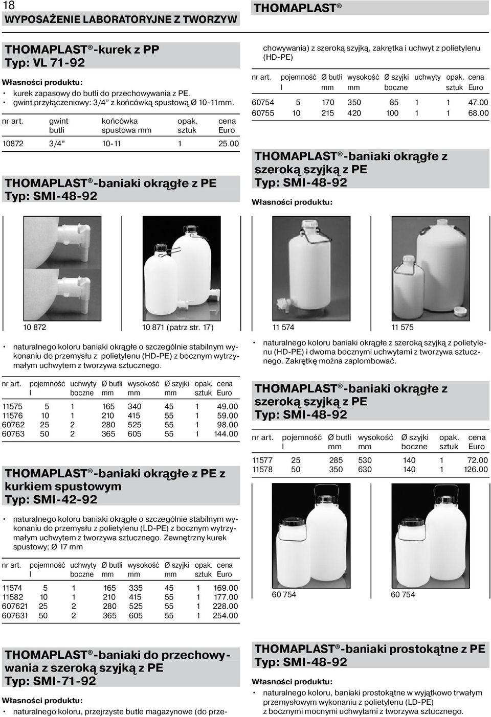 00 -baniaki okrągłe z PE Typ: SMI-48-92 naturalnego koloru, przejrzyste butle magazynowe (do przechowywania) z szeroką szyjką, zakrętka i uchwyt z polietylenu (HD-PE) nr art.