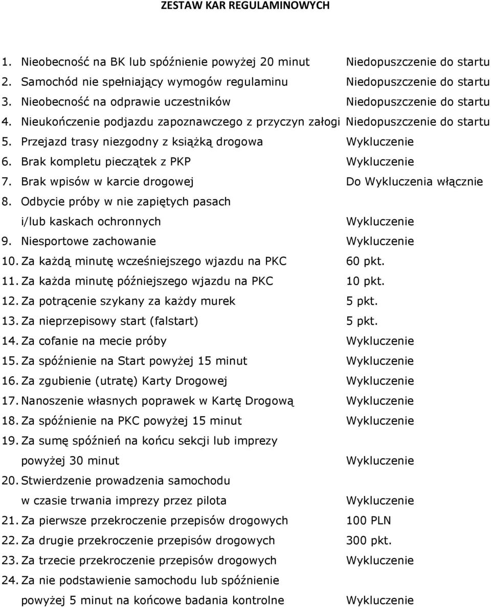 Przejazd trasy niezgodny z książką drogowa Wykluczenie 6. Brak kompletu pieczątek z PKP Wykluczenie 7. Brak wpisów w karcie drogowej Do Wykluczenia włącznie 8.