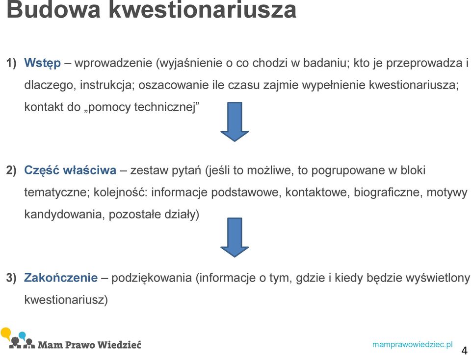 zestaw pytań (jeśli to możliwe, to pogrupowane w bloki tematyczne; kolejność: informacje podstawowe, kontaktowe,