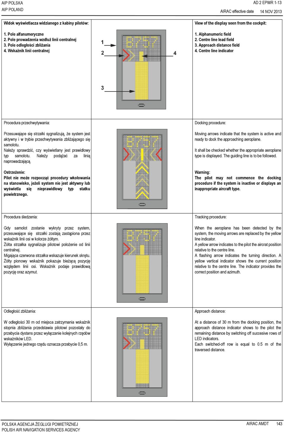 Centre line indicator AD 2 EPWR 1-13 14 NOV 2013 Procedura przechwytywania: Przesuwające się strzałki sygnalizują, że system jest aktywny i w trybie przechwytywania zbliżającego się samolotu.