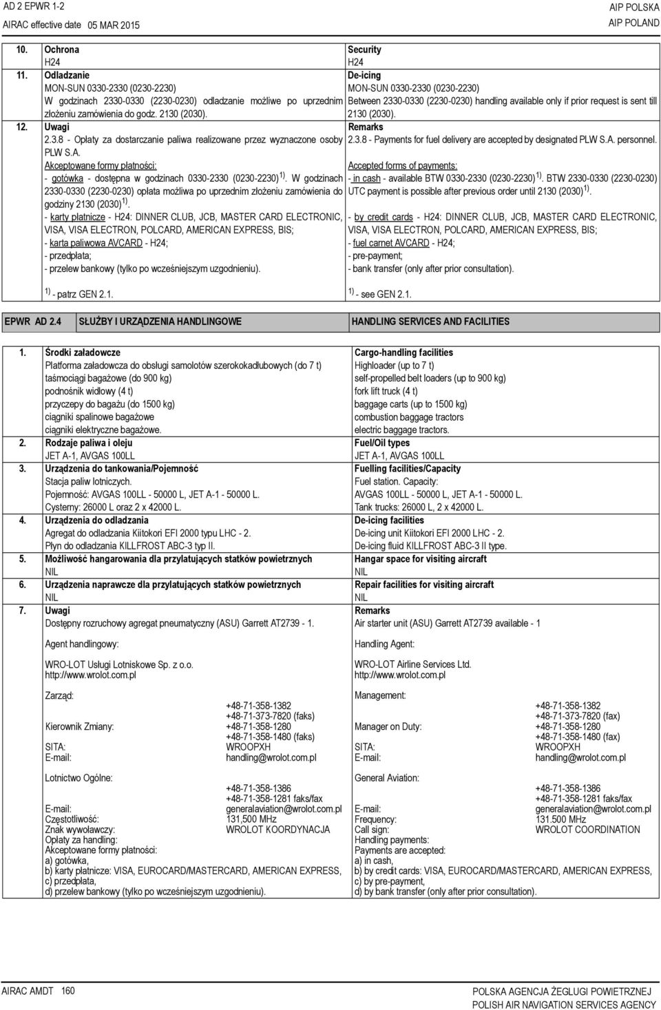 MON-SUN 0330-2330 (0230-2230) Between 2330-0330 (2230-0230) handling available only if prior request is sent till 2130 (2030). 12. Uwagi Remarks 2.3.8 - Opłaty za dostarczanie paliwa realizowane przez wyznaczone osoby PLW S.