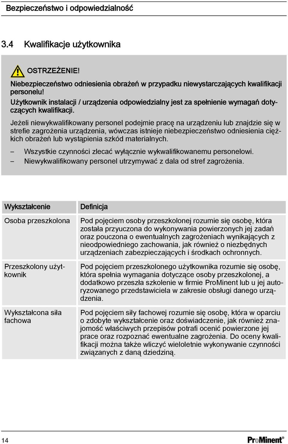 Jeżeli niewykwalifikowany personel podejmie pracę na urządzeniu lub znajdzie się w strefie zagrożenia urządzenia, wówczas istnieje niebezpieczeństwo odniesienia ciężkich obrażeń lub wystąpienia szkód