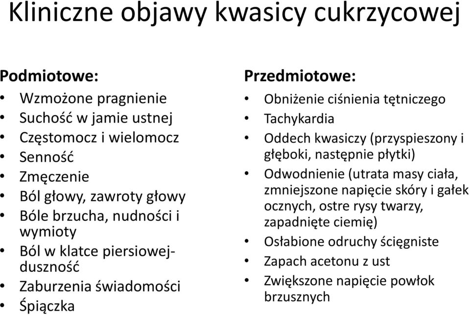 ciśnienia tętniczego Tachykardia Oddech kwasiczy (przyspieszony i głęboki, następnie płytki) Odwodnienie (utrata masy ciała, zmniejszone