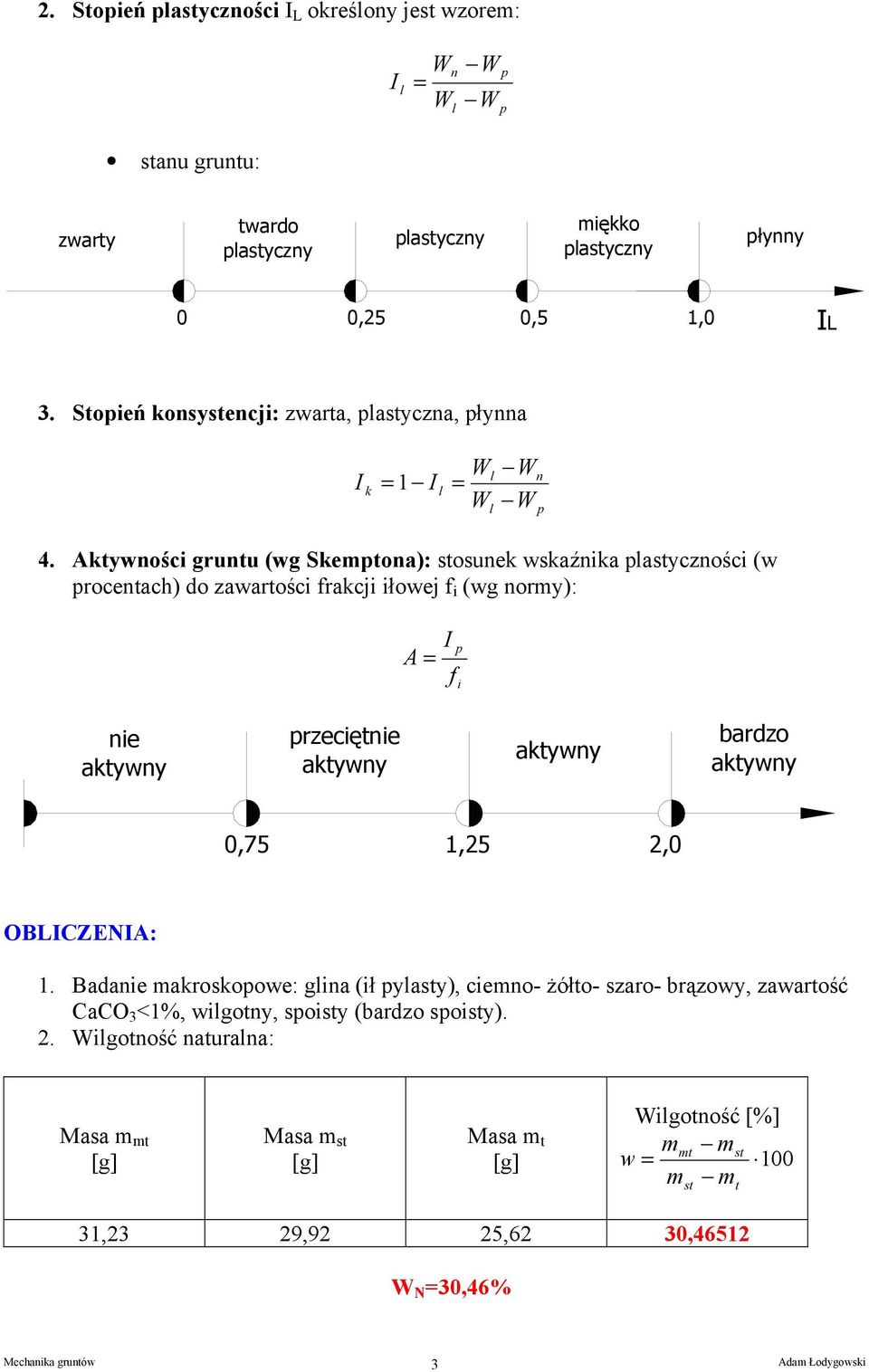 Aywności grunu (wg Semona): osune wsaźnia ayczności (w rocenach) do zawarości fracji iłowej f i (wg normy): A f i nie aywny rzecięnie