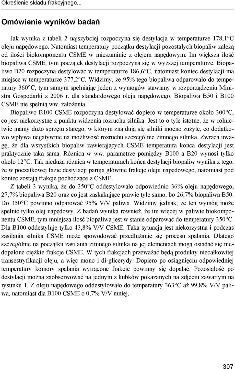 Im większa ilość biopaliwa CSME, tym początek destylacji rozpoczyna się w wyższej temperaturze.