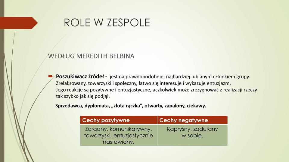 Jego reakcje są pozytywne i entuzjastyczne, aczkolwiek może zrezygnować z realizacji rzeczy tak szybko jak się podjął.