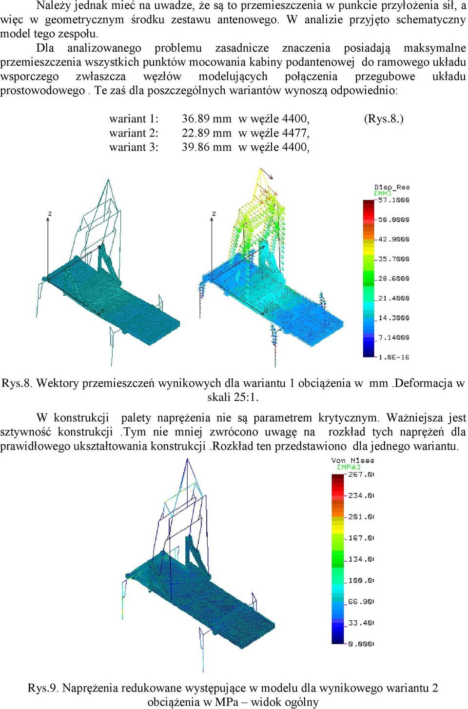 połączenia przegubowe układu prostowodowego. Te zaś dla poszczególnych wariantów wynoszą odpowiednio: wariant 1: 36.89 mm w węźle 4400, (Rys.8.) wariant 2: 22.89 mm w węźle 4477, wariant 3: 39.