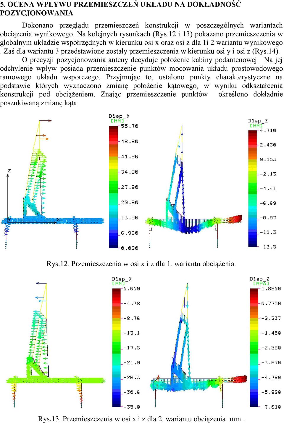Zaś dla wariantu 3 przedstawione zostały przemieszczenia w kierunku osi y i osi z (Rys.14). O precyzji pozycjonowania anteny decyduje położenie kabiny podantenowej.