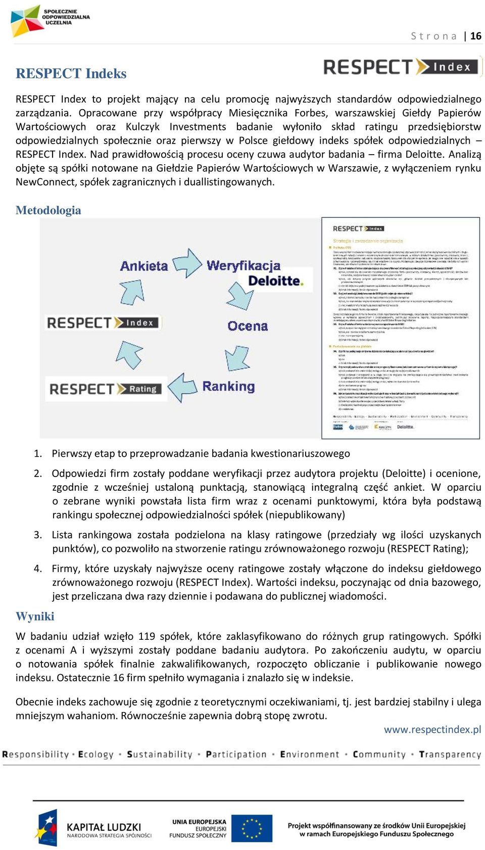 pierwszy w Polsce giełdowy indeks spółek odpowiedzialnych RESPECT Index. Nad prawidłowością procesu oceny czuwa audytor badania firma Deloitte.