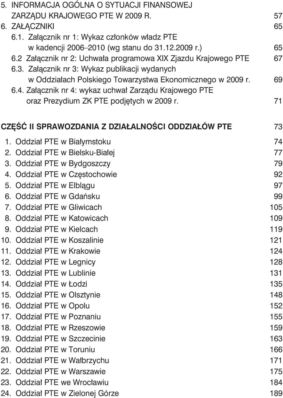 Załącznik nr 4: wykaz uchwał Zarządu Krajowego PTE oraz Prezydium ZK PTE podjętych w 2009 r. 71 CZĘŚĆ II SPRAWOZDANIA Z DZIAŁALNOŚCI ODDZIAŁÓW PTE 73 1. Oddział PTE w Białymstoku 74 2.