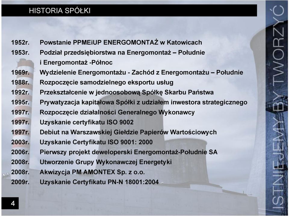 Prywatyzacja kapitałowa Spółki z udziałem inwestora strategicznego 1997r. Rozpoczęcie działalności Generalnego Wykonawcy 1997r. Uzyskanie certyfikatu ISO 9002 1997r.