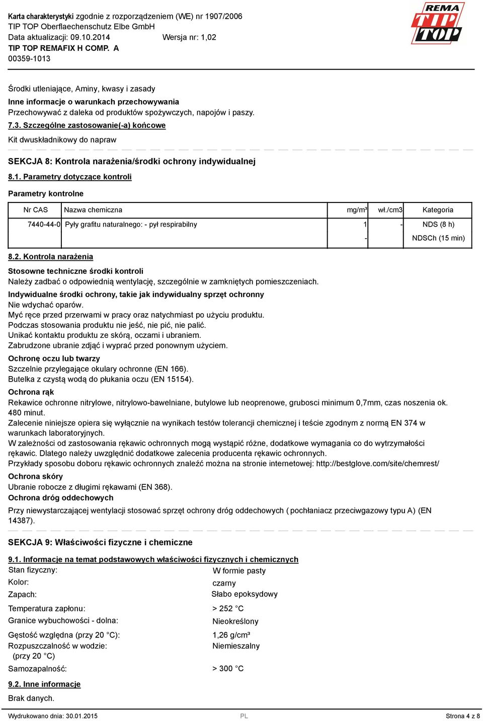 Parametry dotyczące kontroli Parametry kontrolne Nr CAS Nazwa chemiczna mg/m³ wł./cm3 Kategoria 7440-44-0 Pyły grafitu naturalnego: - pył respirabilny 1 - NDS (8 h) 8.2.