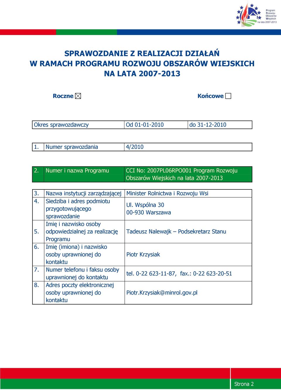 Wspólna 30 przygotowującego 00930 Warszawa sprawozdanie Imię i nazwisko osoby 5. odpowiedzialnej za realizację Tadeusz Nalewajk Podsekretarz Stanu Programu 6.