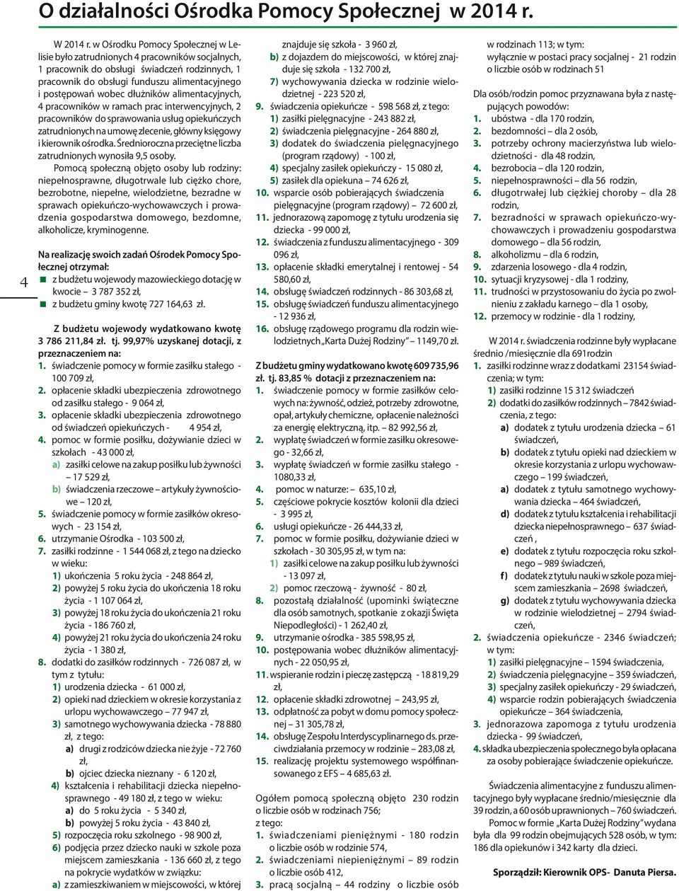 dłużników alimentacyjnych, 4 pracowników w ramach prac interwencyjnych, 2 pracowników do sprawowania usług opiekuńczych zatrudnionych na umowę zlecenie, główny księgowy i kierownik ośrodka.