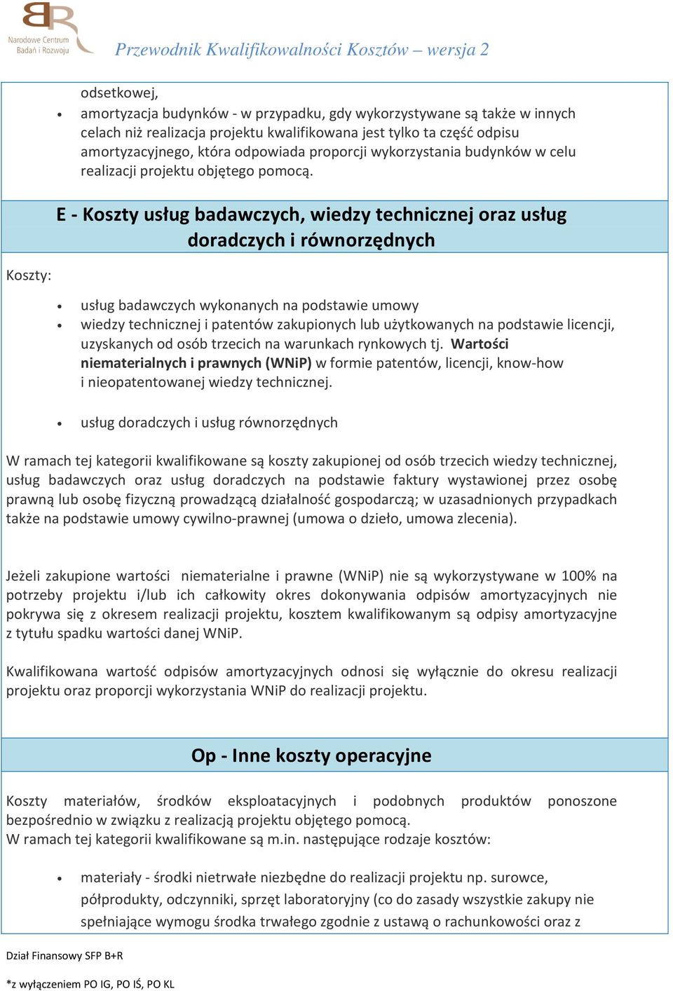 E - Koszty usług badawczych, wiedzy technicznej oraz usług doradczych i równorzędnych Koszty: usług badawczych wykonanych na podstawie umowy wiedzy technicznej i patentów zakupionych lub użytkowanych