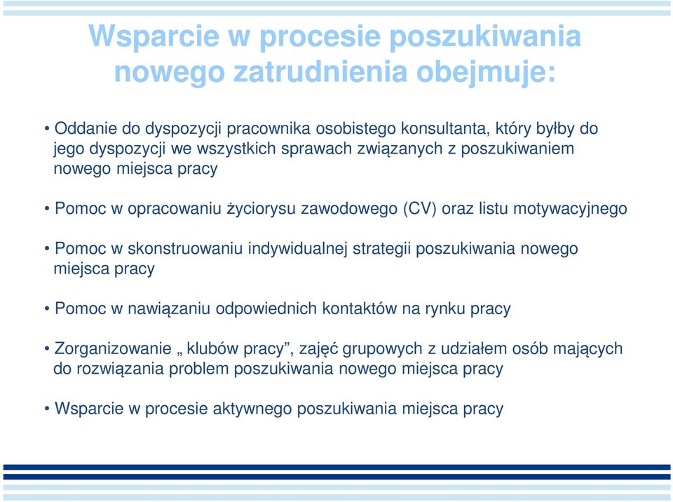 skonstruowaniu indywidualnej strategii poszukiwania nowego miejsca pracy Pomoc w nawiązaniu odpowiednich kontaktów na rynku pracy Zorganizowanie klubów