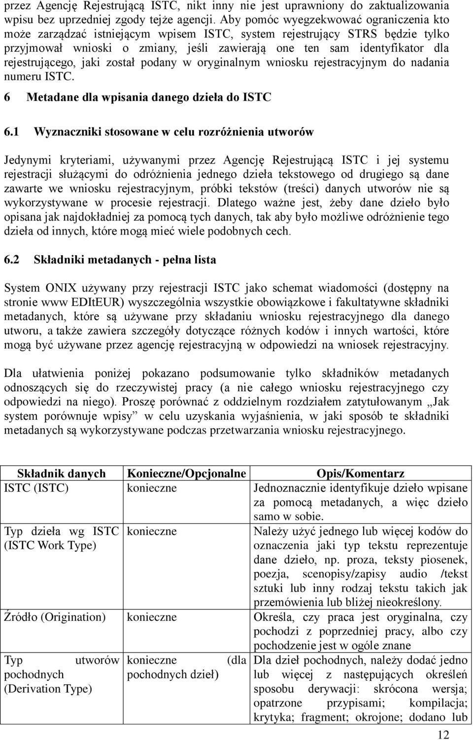 rejestrującego, jaki został podany w oryginalnym wniosku rejestracyjnym do nadania numeru ISTC. 6 Metadane dla wpisania danego dzieła do ISTC 6.