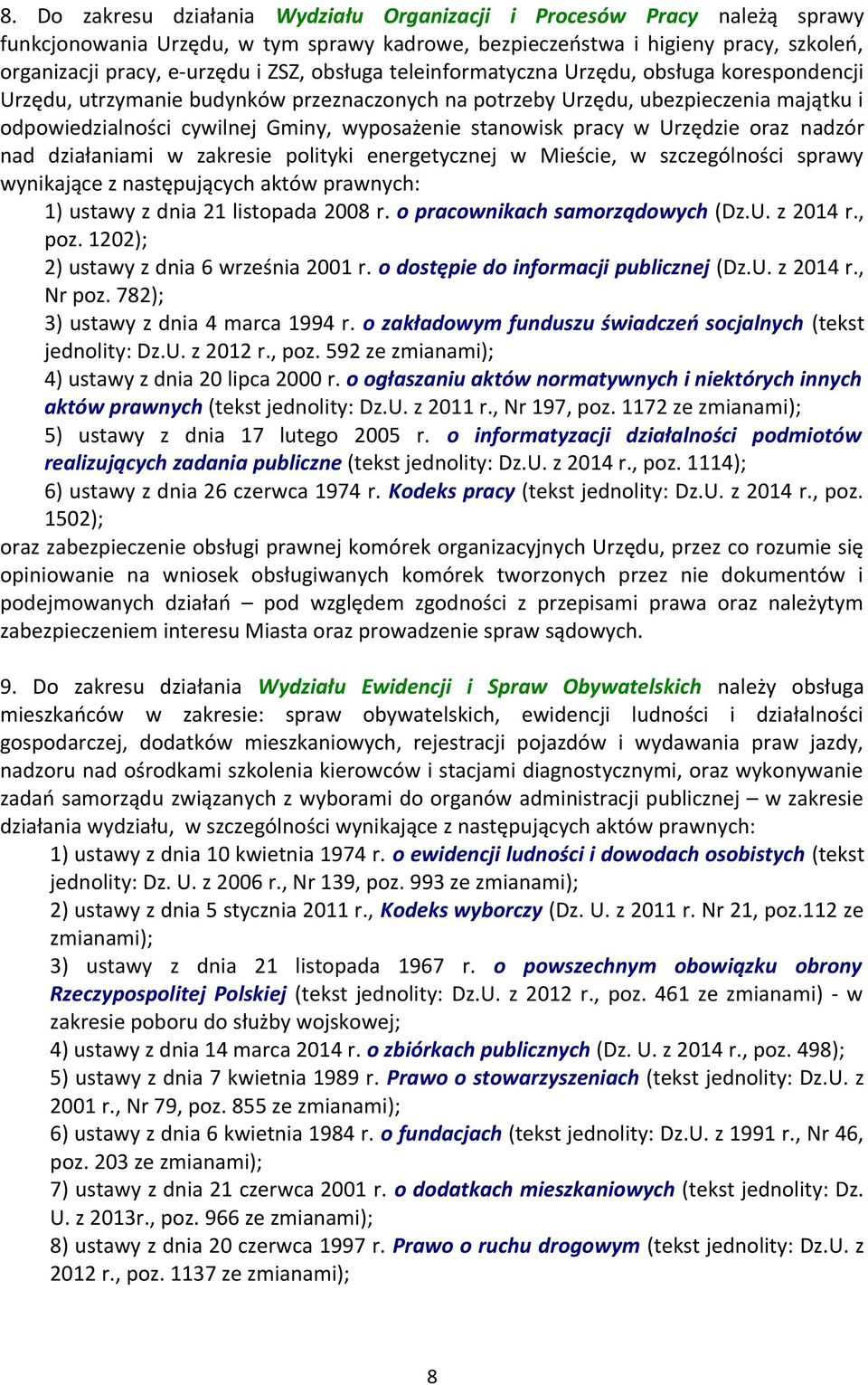 pracy w Urzędzie oraz nadzór nad działaniami w zakresie polityki energetycznej w Mieście, w szczególności sprawy wynikające z następujących aktów prawnych: 1) ustawy z dnia 21 listopada 2008 r.