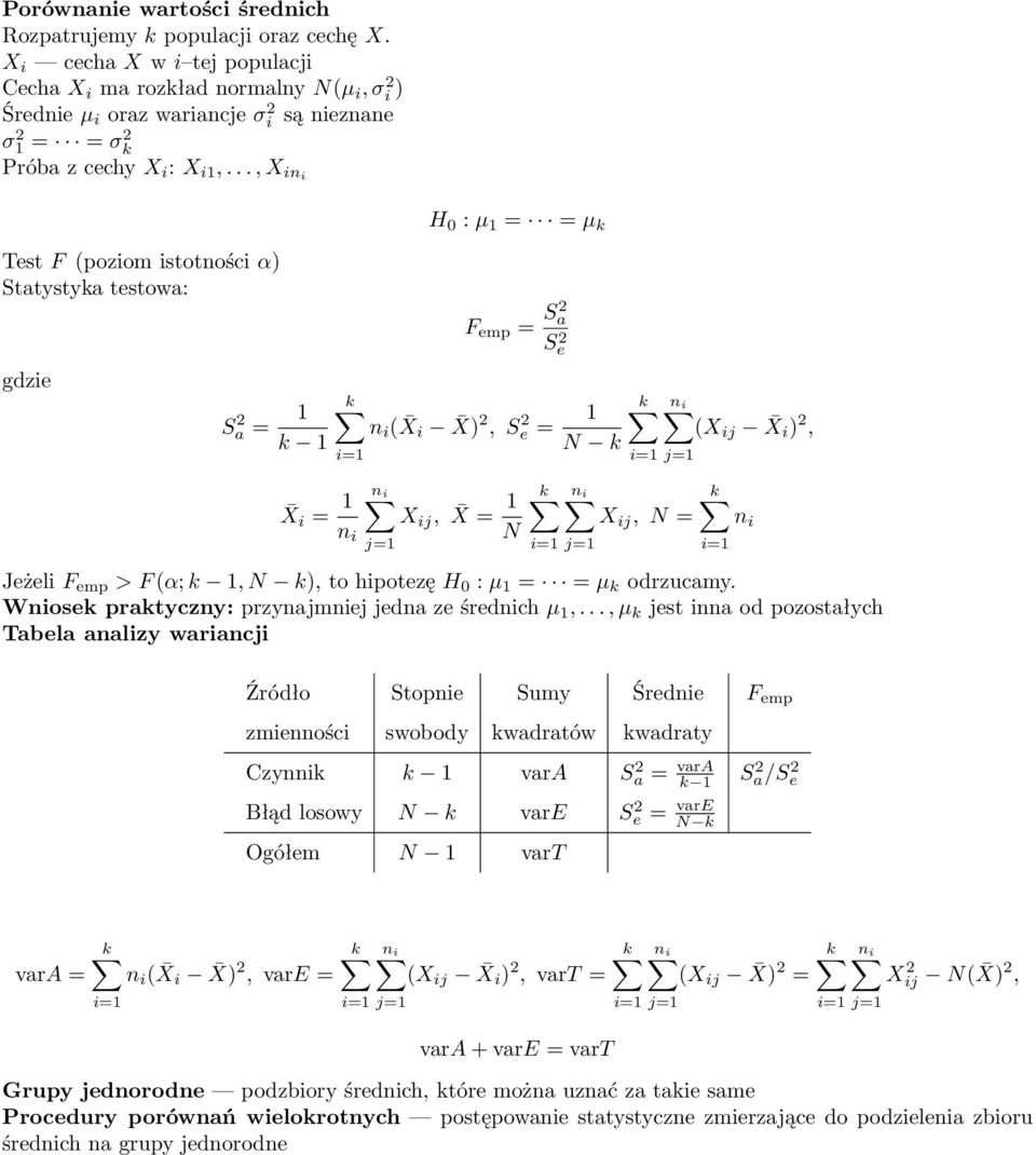 X i ), j=1 k n i X ij, N = j=1 Jeżeli F emp > F (α; k 1, N k), to hipotezę H 0 : µ 1 = = µ k odrzucamy Wniosek praktyczny: przynajmniej jedna ze średnich µ 1,, µ k jest inna od pozostałych Tabela