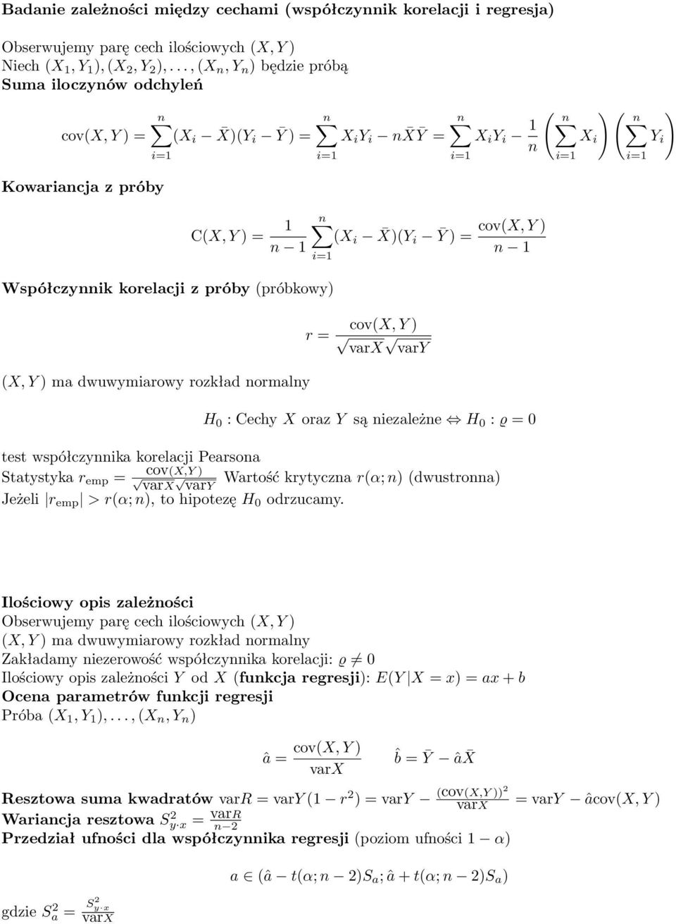 n ) X i Y i n (X, Y ) ma dwuwymiarowy rozkład normalny H 0 : Cechy X oraz Y są niezależne H 0 : ϱ = 0 test współczynnika korelacji Pearsona Statystyka r emp = cov(x,y ) varx vary Wartość krytyczna