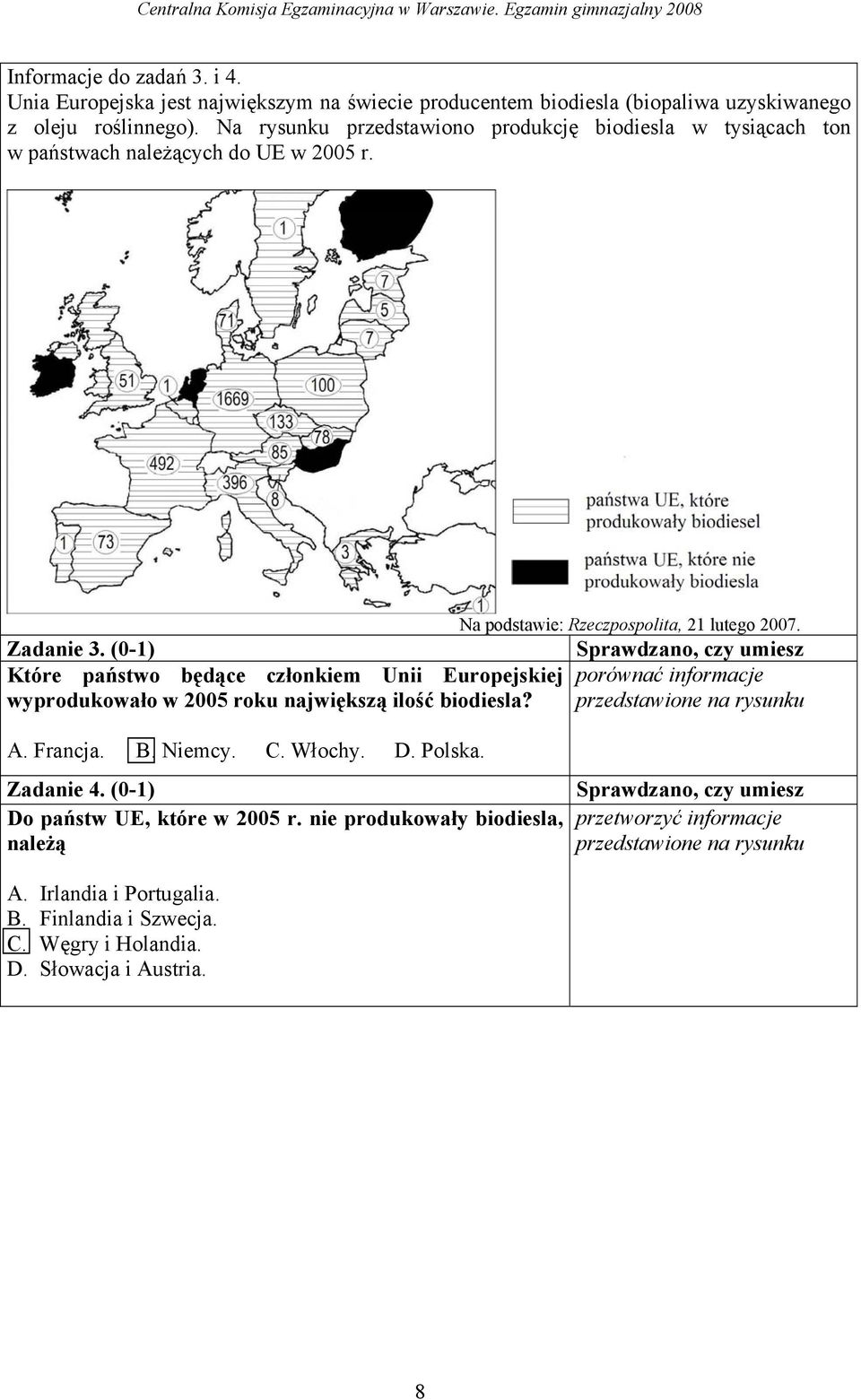 (0-1) Które państwo będące członkiem Unii Europejskiej porównać informacje wyprodukowało w 2005 roku największą ilość biodiesla? przedstawione na rysunku A. Francja. B. Niemcy. C.
