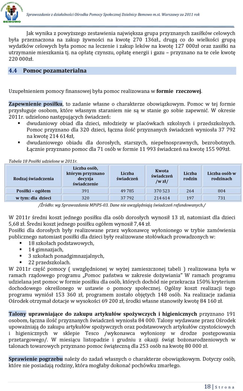 na opłatę czynszu, opłatę energii i gazu przyznano na te cele kwotę 220 000zł. 4.4 Pomoc pozamaterialna Uzupełnieniem pomocy finansowej była pomoc realizowana w formie rzeczowej.