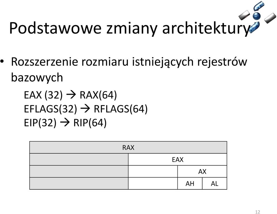 rejestrów bazowych EAX (32) RAX(64)